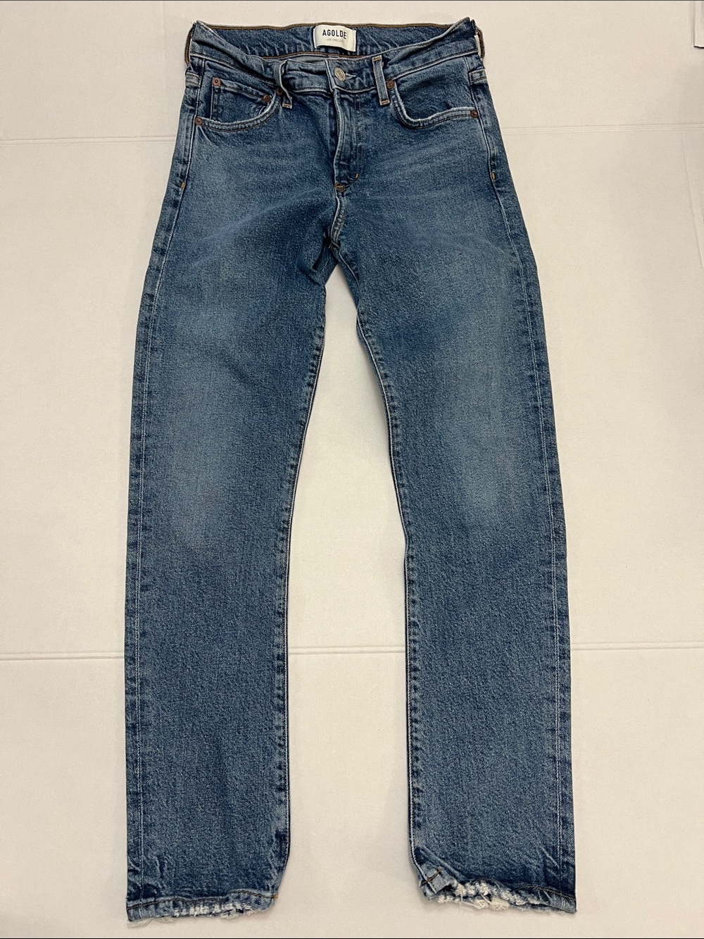 AGOLDE TONI MID RISE STRAIGHT LEG DISTRESSED ORGANIC COTTON DENIM JEANS 24
